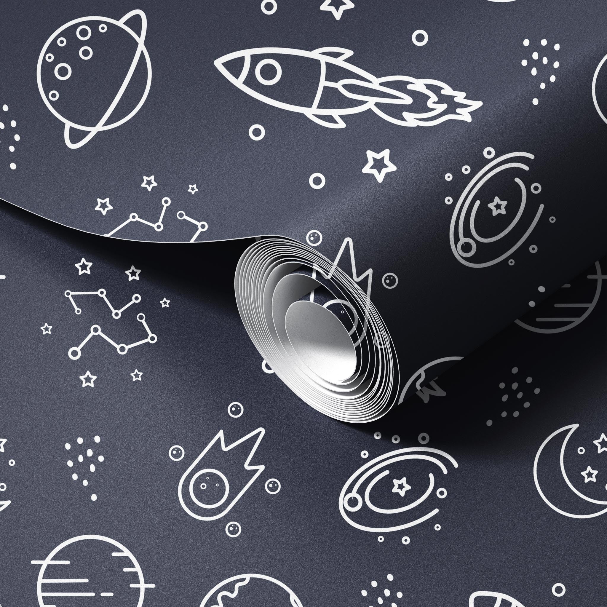 Rocketships and Stars peel and stick wallpaper room mockup